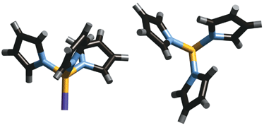 Rotor conformation of the P(NC4H4)3 ligand in [RuH3(η5-C5Me5){P(NC4H4)3}]
(GEQVUT)
(side and top views).