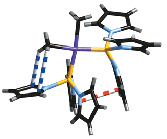 Intramolecular C–H⋯π
(shown in blue and white candystripe) and π–π interactions (shown in red and white) involving the orthogonal N-pyrrolyl groups in cis-[PtMe2{P(NC4H4)3}2]
(CEHQIP).