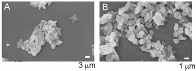 
          A and B – SEM images recorded from BaSO4 crystals grown at the interface between water and chloroform, the organic phase containing stearic acid. The aggregated, supercrystal structure can be seen in both images at different magnifications.
        