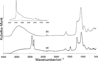 DRIFT
 spectra of the MCM-48 precursor before (a) and after extraction (b) with acidified MeOH. The inset represents the in situ DRIFT spectrum of a vacuum dried extracted MCM-48.