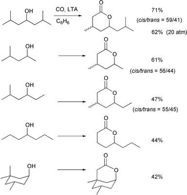 Conditions: ROH (0.4–0.8 mmol), LTA (1.5–2 equiv.), 
C6H6 (20 mL), CO (80 atm), 60 °C, 
2–5 days.