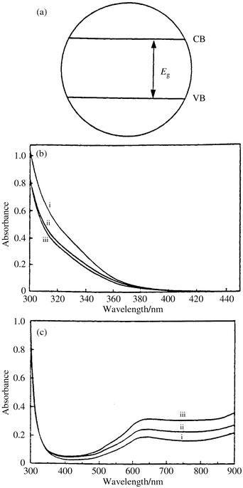 (a) A metal oxide particle, i.e., a SC, is usually represented 
as a circle with two bands: VB (valence band) and CB (conduction band), 
separated by the energy gap Eg; see text. (b) 
Absorption spectra of WO3 colloids (0.4 M) in water, with 
diameters 2–5 nm. The oxalic acid concentration that controls the 
size of the particles was i, 0.16, ii, 0.23 and iii, 0.31 M;9 
(c) Absorption spectra of deaerated aqueous suspension of WO3 
colloids (0.4 M) following UV photolysis (λ > 300 nm) 
for 6 min., in presence of various concentrations of oxalic acid i, 0.16, 
ii, 0.23 and iii, 0.31 M. (Reprinted from reference 9, with 
permission.)
