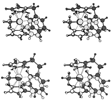 Stereoview of the superimposed BP86/ECP1 structures of complex 2a (dark gray) and the benzene complex 6 (light gray).
