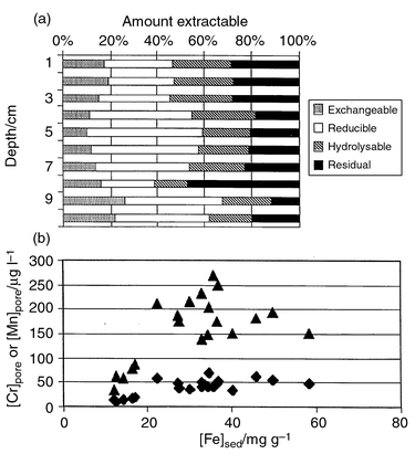 
            (a) An example
of Cr sequential extraction data for a sediment core from Woodhall on the
Clyde Estuary.94,169
(b)
The association of total sediment Fe and dissolved Cr and Mn in pore waters,
first extract (n = 20). Correlation
coefficients: Fe versus Cr (◆) = 0.723
and Fe versus Mn (▲) = 0.589.
          