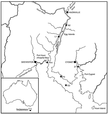 
            Map of the Huon Estuary in southeast Tasmania (the inset shows the location of the estuary). The sampling sites for the estuarine survey in August/September 1998 are shown.
          