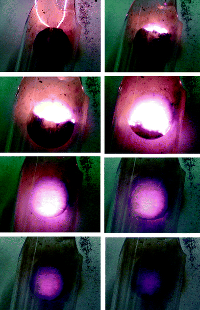 Photographs of the
SHS reaction of MgO, ZnO, Fe, Fe2O3 and NaClO4
in pellet form under a flow of oxygen. The pellet has a diameter of 13 mm
and the photographs were obtained at 2 s intervals.