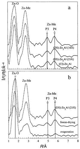 Fourier transform spectra (Zn
K-edge): (a)
(Cl)-Zn2Al, 25 Å-(DS)-Zn2Al,
16 Å-(DS)-Zn2Al, (b) delaminated
pristine 25 Å-(DS)-Zn2Al, and the solids recovered
by freeze-drying or by evaporation at 120 °C. Distances are
given without phase shift corrections.