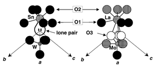 
            Cationic environments
in β-SnWO4
(left) and β-La2Mo2O9
(right).
For clarity, the environment of La is limited to the nearest neighbours. Hatched
and open circle oxygen sites are partially occupied.
          