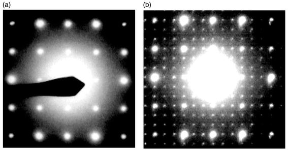 
            Room temperature electron
diffraction patterns of: (a) La1.7Bi0.3Mo2O9
(cubic
cell). (b) La2Mo2O8.95F0.1
showing a superstructure relative to the cubic cell.
          