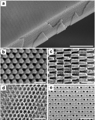 SEM images of photonic
crystals generated by holographic lithography. (a) Polymeric crystal
formed by exposure of a 10 µm film of photoresist to the interference
pattern shown in Fig. 5a. The top surface
is a (111) plane; the film has been fractured along the (111̄)
cleavage planes. Scale bar 10 µm. (b) Close-up
of a (111) surface. Scale bar: 1 µm. (c)
Close-up of (111̄) surface. Scale bar: 1 µm. (d)
Inverse replica in TiO2 using the polymeric structure in (a)
as a template. Scale bar: 1 µm. (e)
(1̄02)
surface of a BCC crystal formed using a different beam pattern. Scale bar:
1 µm. (Reproduced with permission from ref. 67.)
