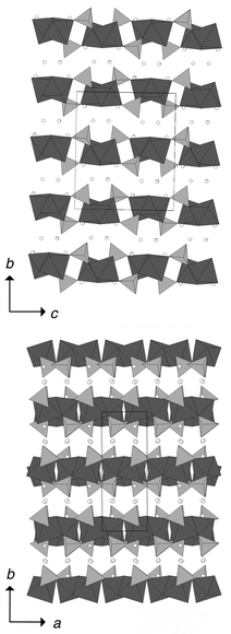 
            View of Na2CoPO4F
along (top)
[100], (bottom)
[001],
showing its layered nature. The Na+ cations are represented
by open circles.
          