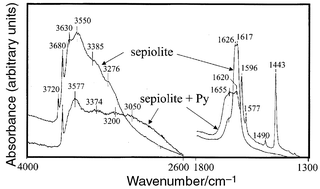 IR spectra of natural
sepiolite and sepiolite treated with pyridine vapours.