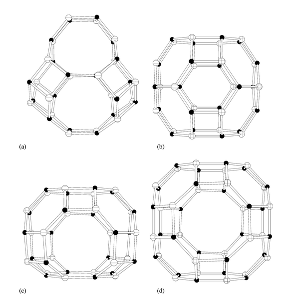 Comparison of the cages
present in the framework structures of (a) MAPO-18, (b)
STA-6, (c) STA-7 and (d) AlPO4-42.
Only the positions of tetrahedrally coordinated framework cations are marked.