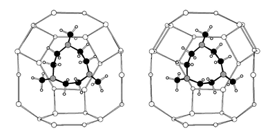 Diagrammatic representation
(stereoview) of the minimum energy position of tmtacn. The molecule’s
threefold axis matches well with the pseudo-threefold axis of the portion
of framework that makes up part of the MAPO-18 cage. For clarity, only
the position of tetrahedral atoms in the framework are shown.
