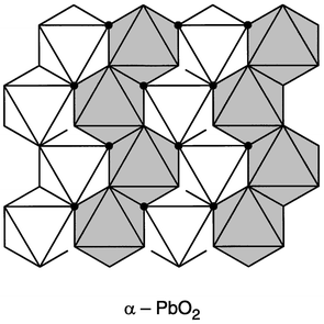 The crystal structure
of ZrTiO4, the α-PbO2 type. The shaded and
unshaded metal–oxygen octahedra are above and below the close packed
plane of oxygen atoms in the plane of the paper. In the disordered variant,
Zr and Ti are mixed on all metal sites. In the ordered variant, columns of
octahedra are occupied by either Zr or Ti, with an accompanying distortion
of the oxygen array.