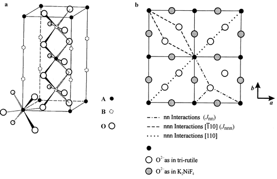 
              The trirutile structure, AB2O6 (left), and the exchange pathways in the ab plane (right). The ligand positions in the trirutile planes are compared with those in the K2NiF4 structure.
            