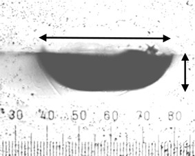
            Micrograph of a side view of a channel end in chip 1. The horizontal arrow length (409 µm) corresponds to the channel top width measured in Fig. 7. The vertical arrow length (119 µm) corresponds to the channel depth measured in Fig. 7.
          