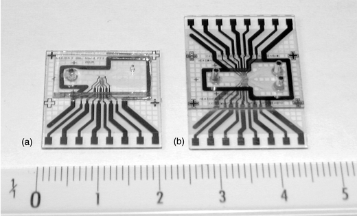 
            (a) The microfabricated chip with a PDMS cover and molded fluidic connections. (b) Chip-on-chip configuration designed with two outlets, top and bottom electrodes and an experimental sorting chamber. The two chips are assembled by pressure contact during a final 300 °C cure under N2. A grid design was used to allow the evacuation of the evaporated solvent.
          