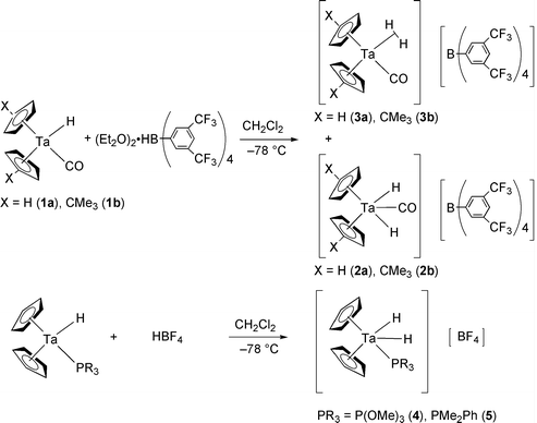 Protonation reactions of Cp2TaH(CO) and Cp2TaH(PR3) [PR3
 =  P(OMe)3, PMe2Ph].