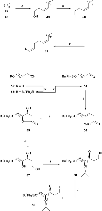 
a: Li (3.0 equiv.), Et2O, 0°C, 3 h; CuI (0.5 equiv.),
Et2O, − 35°C, 30 min; acetylene (1.0 equiv.), −
50°C →
− 25°C, 30 min; →
− 30°C; ethylene
oxide (1.0 equiv.); hexynyl lithium (0.5 equiv.), Et2O, −
15°C, 3 h; 81%. b: PPh3 (1.1 equiv.), imidazole
(2.2 equiv.), I2 (1.1 equiv.), THF, 0°C → room temperature,
30 min; 99%. c: ButLi (2.0 equiv.), Et2O–hexane
(1:1), − 20°C, 30 min; CuI (0.5 equiv.), Et2O, −
35°C, 30 min; acetylene (1.0 equiv.), − 50°C →
−
25°C, 1 h; I2 (1.0 equiv.), − 60°C →
−
10°C, 2 h; 66%. d: ButPh2SiCl (1.0
equiv.), imidazole (2.0 equiv.), DMF, room temperature, 15 h; 59%. 
e: (ClCO)2 (1.1 equiv.), DMSO (2.2 equiv.), CH2Cl
2, − 78°C, 3 min; addition of 53, − 40°C,
1 h; NEt3 (5.0 equiv.), − 40°C → 0°C, 1 h; 83%. 
f: HO2CCH2CO2Me (1.1 equiv.), NEt
3 (1.1 equiv.), 90°C, 12 h, 66%. g: K3Fe(CN)
6 (3.0 equiv.), K2CO3 (3.0 equiv.), (DHQ)
2PHAL (1.0 mol %), K2OsO4 (0.2 mol %),
MeSO2NH2 (1.0 equiv.), ButOH–H
2O (1:1), 0°C, 4 days; 68%. h: LiAlH4
(1.0 equiv.), THF, − 78°C → room temperature, 30 min; 98%. 
i: 2,2-Dimethoxypropane (8.0 equiv.), Amberlyst 15, acetone, room temperature,
2 h. j: PPh3 (1.0 equiv.), imidazole (2.0 equiv.), I
2 (1.0 equiv.), THF, 0°C → room temperature, 15 min; 94%
for two steps.