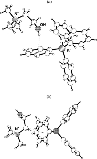 Crystal structure of choline tetraphenylborate, 1. (a) One formula unit, showing the short O–H···Ph hydrogen bond. (b) The shortest approach between the quaternary ammonium group and the Ph4B− ion, associated with a pair of C–H···Ph contacts.