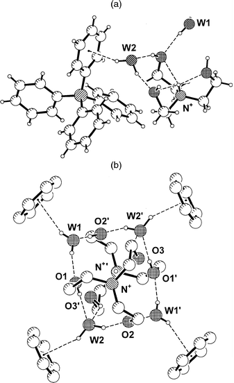 Crystal structure of triethanolammonium tetraphenylborate dihydrate, 2. (a) One formula unit. (b) The tetrahydrated dication [(CHO2H4)3NH)+]2·4H2O, forming four Ow–H···Ph hydrogen bonds; H atoms bonded to C are omitted for clarity.