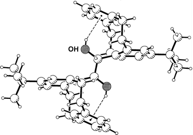 The O–H···Ph hydrogen bond with the shortest H···M distance found until now (H···M 2.15, O···M 3.03 Å): crystal structure of a metacyclophane, as published by Ishi-i et al.;21 the hydrogen bond is intramolecular, and associated with steric strain.