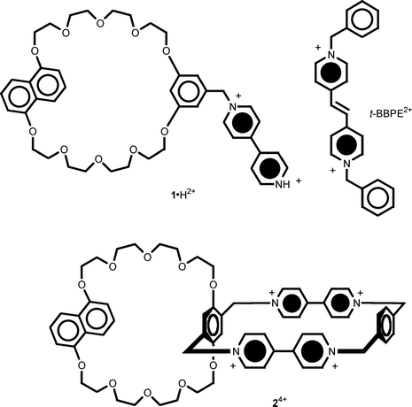 Structural
 formulae of the investigated compounds 1·H2+ and 24+, as well as of the t-BBPE2+ species that has been used in the experiment described in Fig. 8.