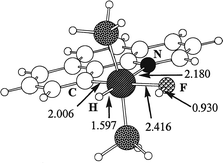 Optimized
 geometry for the hydrogen fluoride complex, 4H, with G = H. Bond distances are in Å.