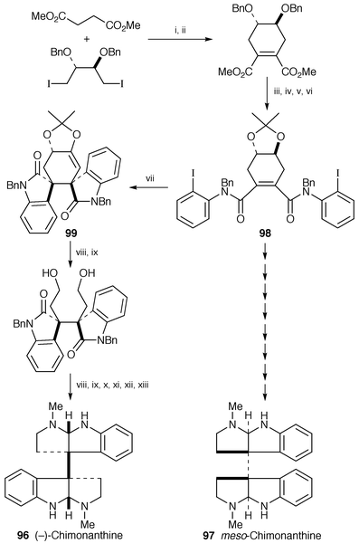 Reagents: i, LDA, THF, HMPA; ii, LDA, THF, I2, −78 °C; iii, 2-iodoaniline, Me3Al, toluene, rt; iv, NaH, BuBr, DMF; v, BCl3, −78 °C; vi, 2,2-dimethoxypropane, camphorsulfonic acid (H2O); vii, 10% (PPh3)2PdCl2, Et3N, DMA, 100 °C; viii, Red-Al, THF, rt→reflux; ix, (PhO)2P(O)N3, PPh3, EtO2CNNCO2Et, THF; x, H2, 10% Pd/C, EtOH; xi, MeOH, 110 °C; xii, HCHO, NaBH(OAc)3, MeOH; xiii, Na, NH3.
