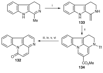 Reagents: i, Tf2O, Et3N, CH2Cl2, 0 °C; ii, methyl (E )-3-(N,N-dimethylamino)acrylate, 400 mV, MeCN, CH2Cl2, 0.1 M LiClO4; iii, Na, naphthalene, DME, 0 °C; iv, MnO2, CH2Cl2; v, HCl; vi, Cu, pyridine.
