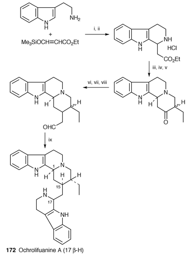 Reagents: i, THF, rt; ii, 10% HCl; iii, NaHCO3, H2O, EtOH, Et2O; iv, ethyl α-formylbutyrate, Et2O, reflux; v, NaH, benzene, reflux; vi, NaH, triethylphosphonoacetate, DME, rt; vii, H2, 10% Pd-C, EtOH, rt; viii, DIBAL-H, toluene, −73 °C; ix, tryptamine, 0.2 M phosphate buffer, 40 °C.
