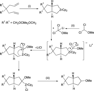 Reagents and conditions: (i) Cp2ZrCl2, BuLi 2 eq., −78 °C– rt, THF; (ii) MeO(Cl)2CH 1.5 eq., LDA 1.7 eq., −78 °C; (iii) MeOH, NaHCO3, −78 °C, 16 h.
