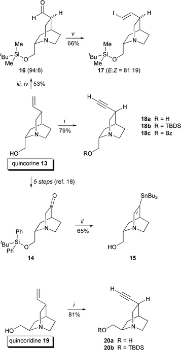 Synthesis of precursors for quincorine and quincoridine cross-coupling. Reagents and conditions: i, 1. Br2, CHCl3–CCl4, 0 °C, 2 h, 2. Et3N, CHCl3, rt, 2 h, 3. KOH, aliquat 336®, THF, 6–20 h, rt or 70 °C; ii, 1. 2,4,6-triisopropylbenzenesulfonyl hydrazide, Et2O, rt, 16 h, 2. n-BuLi, TMEDA, hexane, −78 °C→0 °C, 1 h; 3. Bu3SnCl, 0 °C→rt, 2 h; iii, 1. TBDSCl, Et3N, DMAP, DCM, rt, 14 h, 2. K3[Fe(CN)6], K2CO3, OsO4, tBuOH–H2O (1∶1), rt, 8 h; iv, NaIO4, SiO2, H2O, DCM, rt, 15 min; v, CrCl2, CHI3, THF, 0 °C→rt, 3 h.
