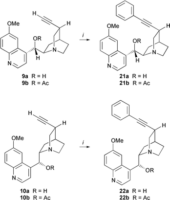 Optimized Sonogashira coupling of 10,11-didehydroquinidine 9a,b, and -quinine 10a,b. Reagents and conditions: i, (Ph3P)2PdCl2 (0.05 eq.), CuI (0.1 eq.), phenyl halide (1.0–1.5 eq.), THF, amine.
