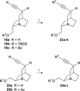 Sonogashira coupling of 10,11-didehydroquincorine 18a,c and 10,11-didehydroquincoridine 20a,b with substituted aryl and vinyl halides. Reagents and conditions: i, (Ph3P)2PdCl2 (0.05 eq.), CuI (0.1 eq.), aryl or vinyl halide (1.0–1.5 eq.), THF, Et3N, 16 h.
