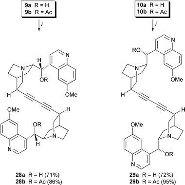 Pd-mediated dimerization of 10,11-didehydroquinine and 10,11-didehydroquinidine. Reagents and conditions: i, (Ph3P)2PdCl2 (0.05 eq.), CuI (0.1 eq.), I2 (0.5 eq.), THF, Et3N, 16 h.
