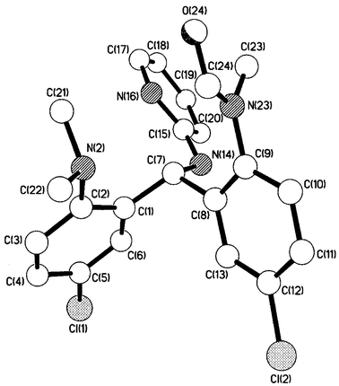 the X-ray structure of 7 (X = Cl).12 The principal intermolecular interaction is an N–H ⋯ O hydrogen bond between N(14) in one molecule and O(24) in the next [N ⋯ O, H ⋯ O distances 2.97, 2.27 Å, N–H ⋯ O angle 134°]. This interaction is supplemented by a weaker C–H ⋯ π interaction between C(10)–H in one molecule and the C(15) pyridyl ring of another [H ⋯ π distance 2.82 Å, C–H ⋯ π angle 151°].
