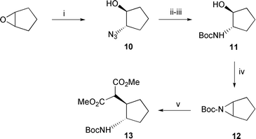 
            Reagents: i) NaN3, NH4Cl, aq. EtOH; ii) Ph3P; iii) Boc2O; iv) Ph3P–diisopropylazodicarboxylate; v) CH2(CO2Me)2, NaH, DMF.
