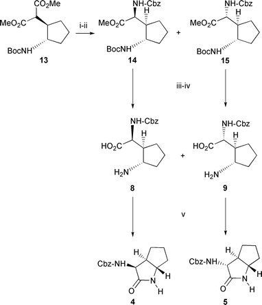 
            Reagents: i) KOH; ii) DPPA, PhCH2OH, heat; iii) NaOH; iv) CF3CO2H; v) DPPA, DMF.
