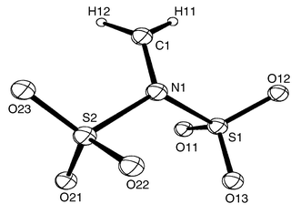 Schematic representation of K2[CH3N(SO3)2] from the Cambridge Structural Database.