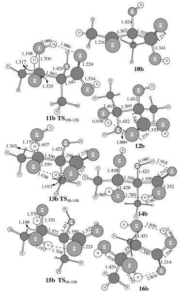 Optimized geometries of 9b–16b involved in the addition of H2O for R′ = R′′ = CH3.
