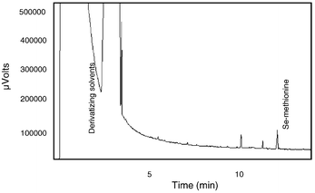 
            Chromatogram of Se-methionine utilizing FID detection; extraction performed with sol–gel-prepared PDMS fiber.
          