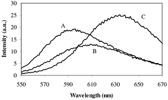 
            Electrochemiluminescence spectra of (A) Ru(bpy)32+, (B) (bpy)2Ru(DM-bpy)2+ and (C) (bpy)2Ru(DC-bpy)2+ containing 0.1 mM ruthenium complex in aqueous buffered (0.2 M KH2PO4) solution at pH 8.
          