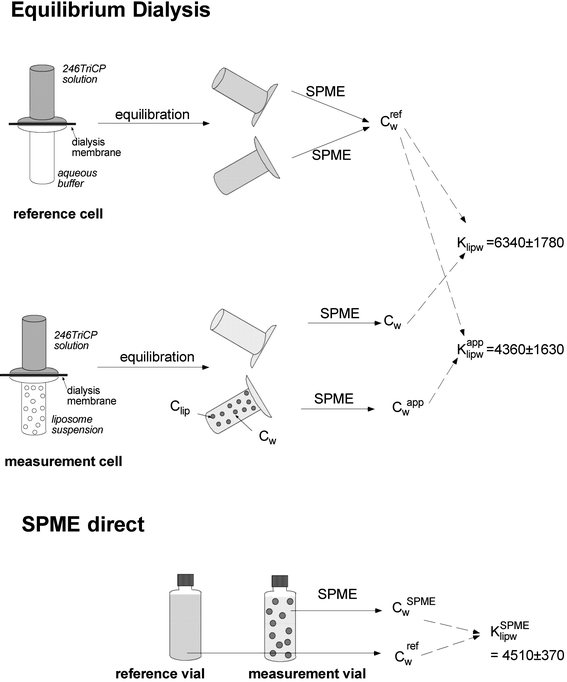 
            Experimental set-up and overview of results for the combined equilibrium dialysis and SPME experiment of 246TriCP at pH 4.
          