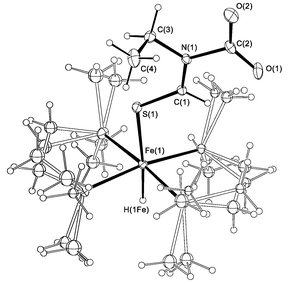 
          ORTEP5 diagram of 4 showing 20% displacement ellipsoids and disorder in the dmpe ligands. Selected bond distances (Å) and angles (°): Fe(1)–S(1) 2.2925(10), S(1)–C(1) 1.670(2), C(1)–N(1) 1.321(3), N(1)–C(2) 1.518(3), C(2)–O(1) 1.232(3), C(2)–O(2) 1.226(3); Fe(1)–S(1)–C(1) 115.76(8), S(1)–C(1)–N(1) 127.16(17), N(1)–C(2)–O(1) 113.8(2), N(1)–C(2)–O(2) 113.3(2).
        