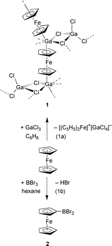 Reactions of EX3 (E = B, Ga; X = Cl, Br) with ferrocene.