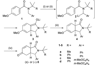 
          Dearomatising cyclisation of lithiated N-benzyl benzamides. (i) [for (±)-5] LDA, −78–+25 °C, 1.5 h; (ii) [for (−)-5] chiral lithium amide, −78–+25 °C, 1.5 h; (iii) NH4Cl; (iv) HCl, H2O.
        