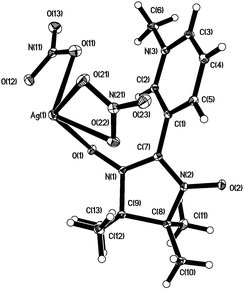 
          The asymmetric unit of complex 1 together with selected bond lengths (Å) and angles (°): N(1)–O(1) 1.281(3), N(1)–C(7) 1.342(3), N(2)–O(2) 1.284(3), N(2)–C(7) 1.339(3), Ag(1)–O(1) 2.4452(19), Ag(1)–O(2)i 2.3706(19), Ag(1)–O(11) 2.459(2), Ag(1)–O(21) 2.480(2), Ag(1)–O(22) 2.540(2); N(2)–C(7)–N(1) 109.6(2), N(1)–O(1)–Ag(1) 120.74(14), N(2)–O(2)–Ag(1)i 123.51(15), O(1)–Ag(1)–O(11) 89.58(7), O(1)–Ag(1)–O(21) 125.91(7), O(11)–Ag(1)–O(21) 81.82(8), O(11)–Ag(1)–O(22) 108.19(7), O(21)–Ag(1)–O(22) 51.23(7) [symmetrical operation:ix, y − 1, z].
        