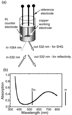 (a) Experimental scheme for in situ measurements of reflectivity and SHG intensity; (b) absorption spectra of cuprous solution used for deposition.